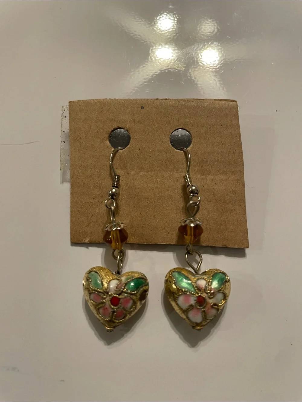 Gold-Tone Heart Drop Earrings with Green and Pink Enamel